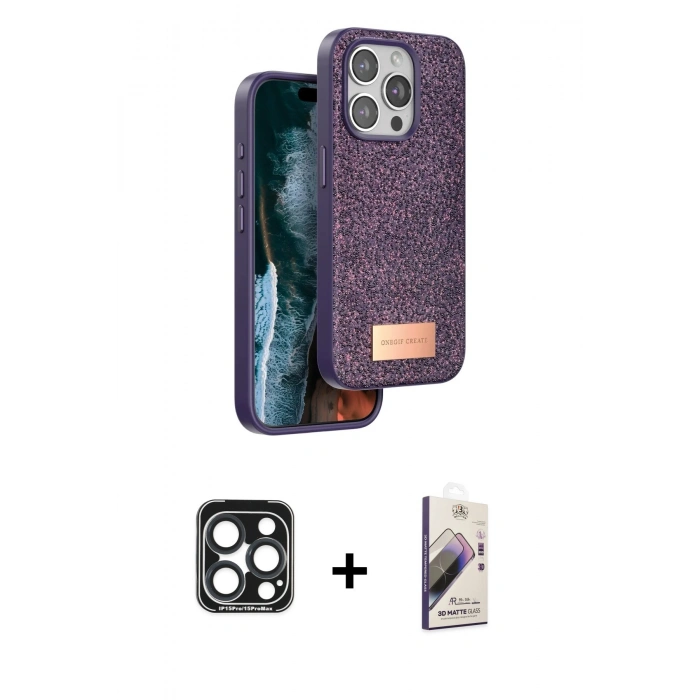 MARSİLYAN™- iPhone 15 Pro Max Kılıf Vadi Klasik Serisi - Siyah Bilvis 3D Mat Cam Ekran Koruyucu + PVD Metal Kamera Lens - LT