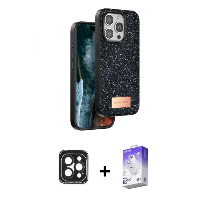 MARSİLYAN™- iPhone 15 Pro Max Kılıf Vadi Klasik Serisi - Siyah Bilvis 5in1 3D Magic Cam Ekran Koruyucu + PVD Metal Kamera Lens - SH