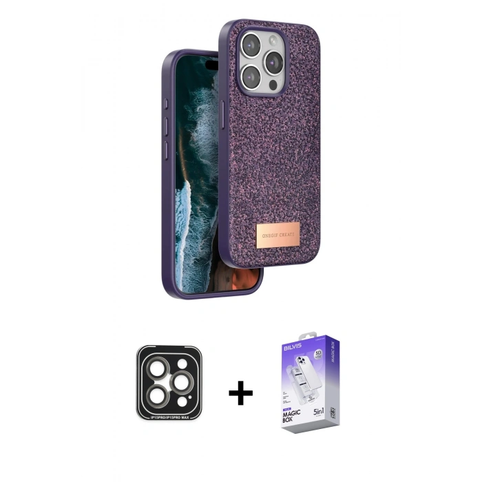 MARSİLYAN™- iPhone 15 Pro Max Kılıf Vadi Klasik Serisi - Siyah Bilvis 5in1 3D Magic Cam Ekran Koruyucu + PVD Metal Kamera Lens - GI
