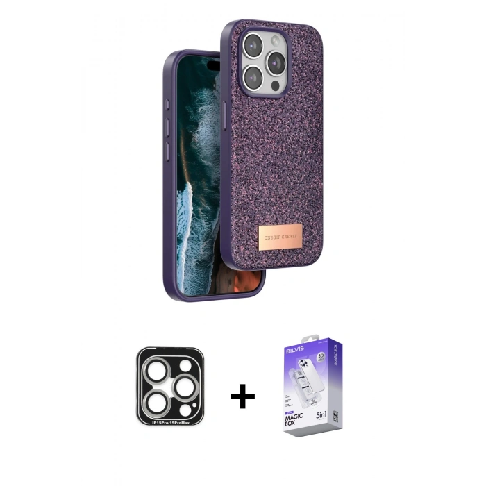 MARSİLYAN™- iPhone 15 Pro Max Kılıf Vadi Klasik Serisi - Siyah Bilvis 5in1 3D Magic Cam Ekran Koruyucu + PVD Metal Kamera Lens - GS
