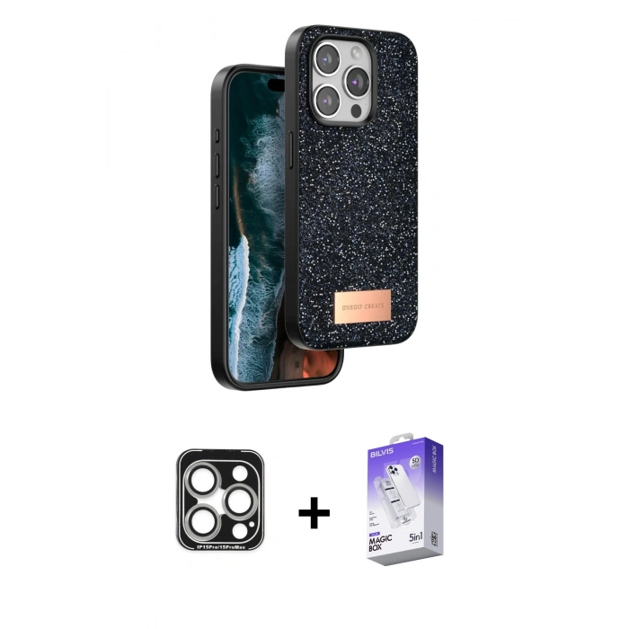 MARSİLYAN™- iPhone 15 Pro Max Kılıf Vadi Klasik Serisi - Siyah Bilvis 5in1 3D Magic Cam Ekran Koruyucu + PVD Metal Kamera Lens - GS