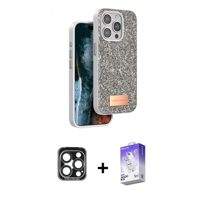 MARSİLYAN™- iPhone 15 Pro Max Kılıf Vadi Klasik Serisi - Siyah Bilvis 5in1 3D Magic Cam Ekran Koruyucu + PVD Metal Kamera Lens - LT