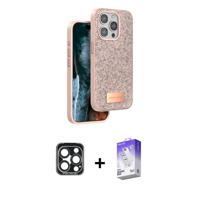 MARSİLYAN™- iPhone 15 Pro Max Kılıf Vadi Klasik Serisi - Siyah Bilvis 5in1 3D Magic Cam Ekran Koruyucu + PVD Metal Kamera Lens - LT