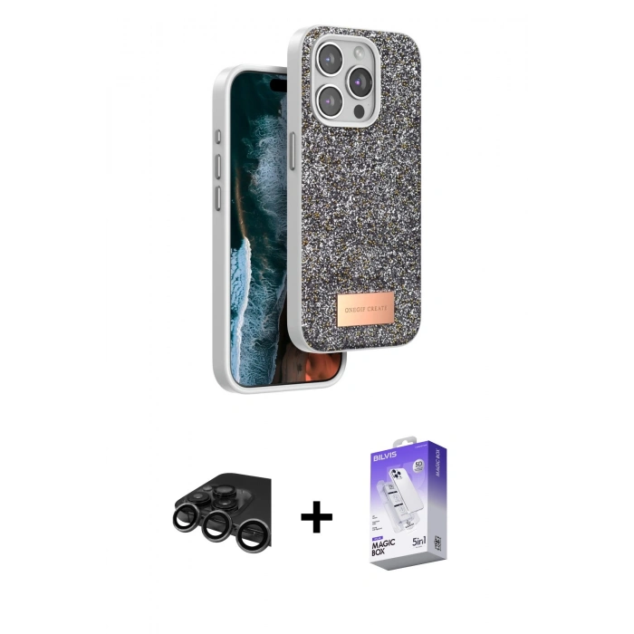 MARSİLYAN™- iPhone 15 Pro Max Kılıf Vadi Klasik Serisi - Siyah Bilvis 5in1 3D Magic Cam Ekran Koruyucu + Raze Metal Kamera Lens - TMGI