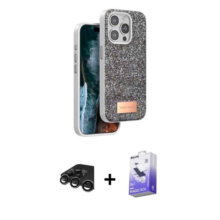 MARSİLYAN™- iPhone 15 Pro Max Kılıf Vadi Klasik Serisi - Siyah Bilvis 5in1 5D Magic Hayalet Cam Ekran Koruyucu + Raze Metal Kamera Lens - TMGI