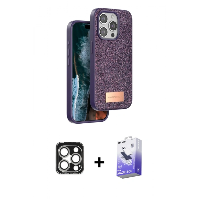 MARSİLYAN™- iPhone 15 Pro Max Kılıf Vadi Klasik Serisi - Siyah Bilvis 5in1 5D Magic Hayalet Cam Ekran Koruyucu + PVD Metal Kamera Lens - GS