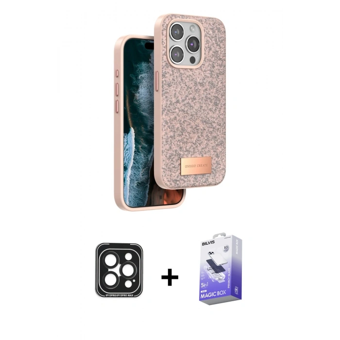 MARSİLYAN™- iPhone 15 Pro Max Kılıf Vadi Klasik Serisi - Siyah Bilvis 5in1 5D Magic Hayalet Cam Ekran Koruyucu + PVD Metal Kamera Lens - SH