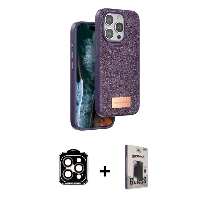 MARSİLYAN™- iPhone 15 Pro Max Kılıf Vadi Klasik Serisi - Siyah Bilvis Hayalet Cam Ekran Koruyucu + PVD Metal Kamera Lens - TU