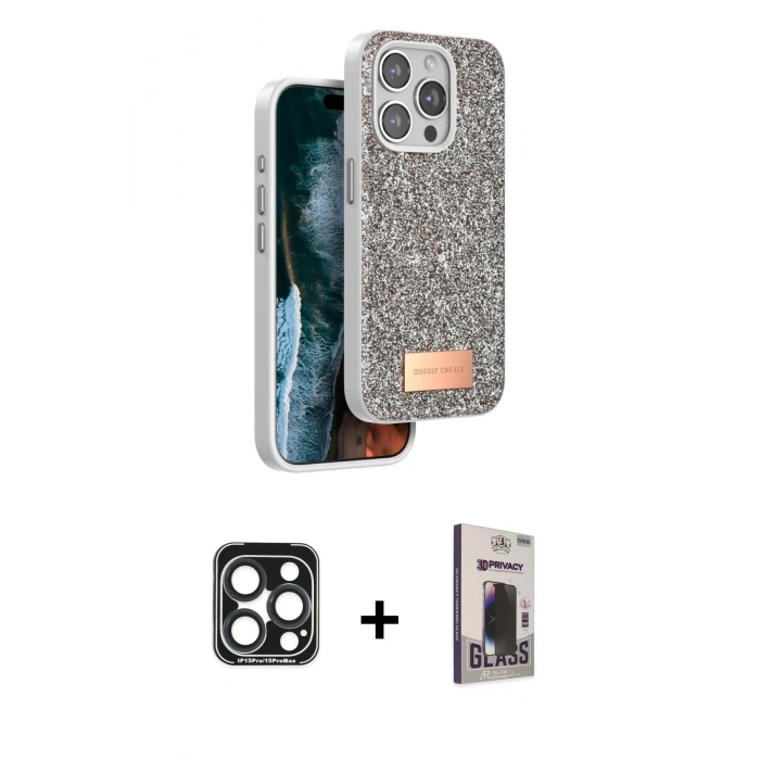 MARSİLYAN™- iPhone 15 Pro Max Kılıf Vadi Klasik Serisi - Siyah Bilvis Hayalet Cam Ekran Koruyucu + PVD Metal Kamera Lens - LT