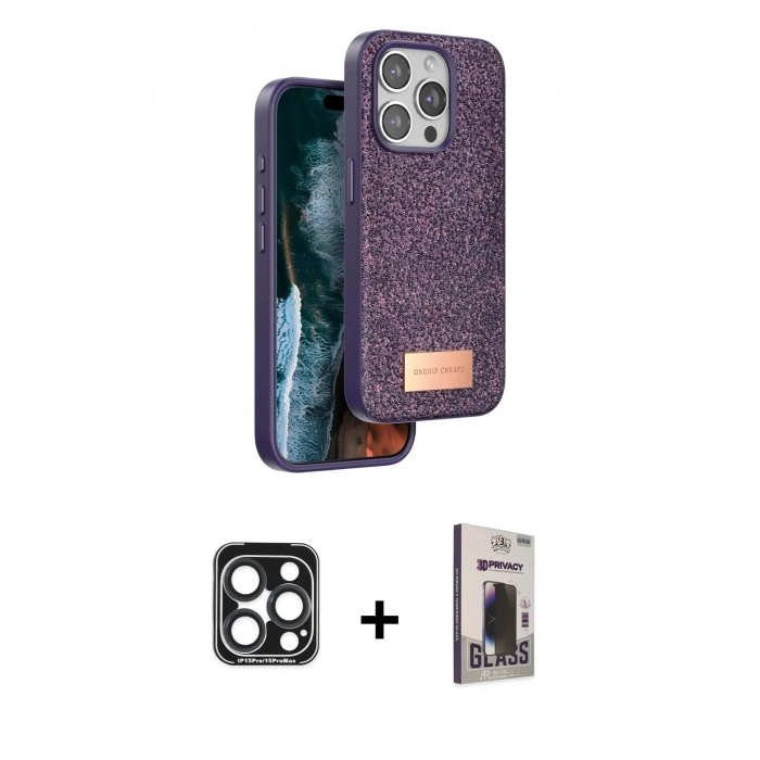 MARSİLYAN™- iPhone 15 Pro Max Kılıf Vadi Klasik Serisi - Siyah Bilvis Hayalet Cam Ekran Koruyucu + PVD Metal Kamera Lens - LT