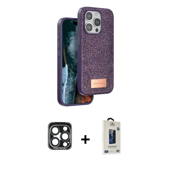 MARSİLYAN™- iPhone 15 Pro Max Kılıf Vadi Klasik Serisi - Siyah Bilvis Hayalet Cam Ekran Koruyucu + PVD Metal Kamera Lens - LT