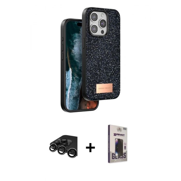 MARSİLYAN™- iPhone 15 Pro Max Kılıf Vadi Klasik Serisi - Siyah Bilvis Hayalet Cam Ekran Koruyucu + Raze Metal Kamera Lens - TMGI