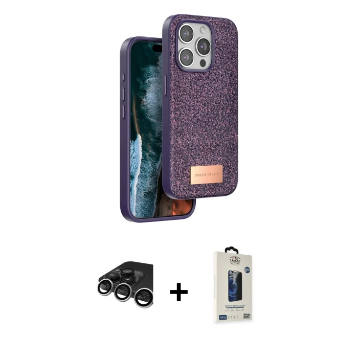 MARSİLYAN™- iPhone 15 Pro Max Kılıf Vadi Klasik Serisi - Siyah Bilvis Hayalet Cam Ekran Koruyucu + Raze Metal Kamera Lens - GS