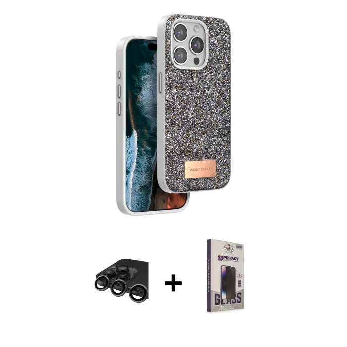 MARSİLYAN™- iPhone 15 Pro Max Kılıf Vadi Klasik Serisi - Siyah Bilvis Hayalet Cam Ekran Koruyucu + Raze Metal Kamera Lens - TMGI