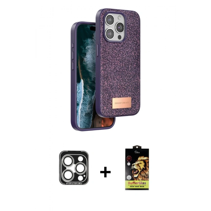 MARSİLYAN™- iPhone 15 Pro Max Kılıf Vadi Klasik Serisi - Siyah Buffer Cam Ekran Koruyucu + PVD Metal Kamera Lens - GS