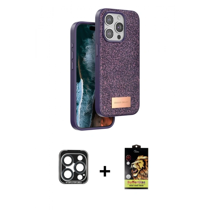 MARSİLYAN™- iPhone 15 Pro Max Kılıf Vadi Klasik Serisi - Siyah Buffer Cam Ekran Koruyucu + PVD Metal Kamera Lens - LT