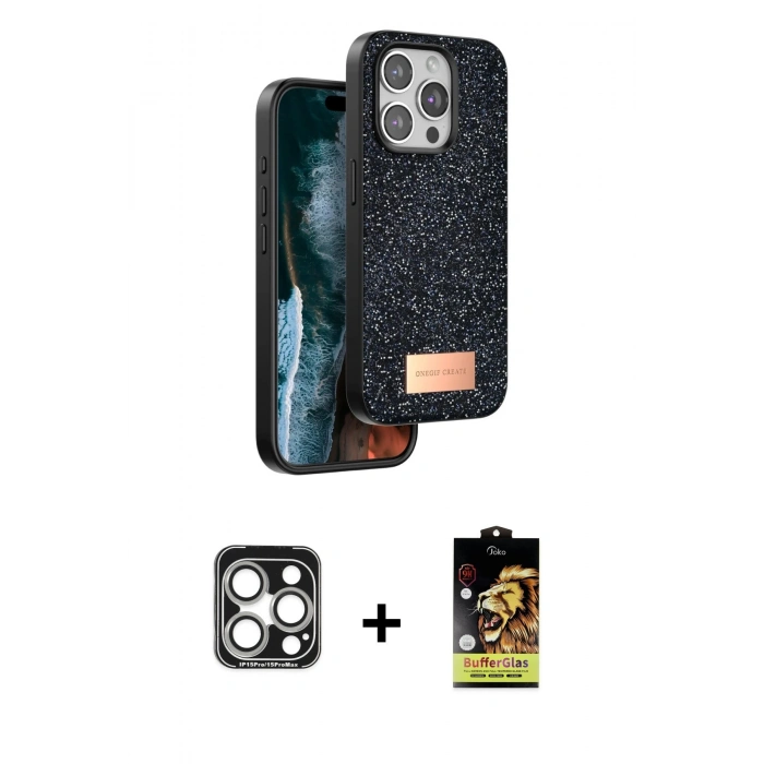 MARSİLYAN™- iPhone 15 Pro Max Kılıf Vadi Klasik Serisi - Siyah Buffer Cam Ekran Koruyucu + PVD Metal Kamera Lens - GS