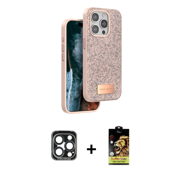 MARSİLYAN™- iPhone 15 Pro Max Kılıf Vadi Klasik Serisi - Siyah Buffer Cam Ekran Koruyucu + PVD Metal Kamera Lens - LT