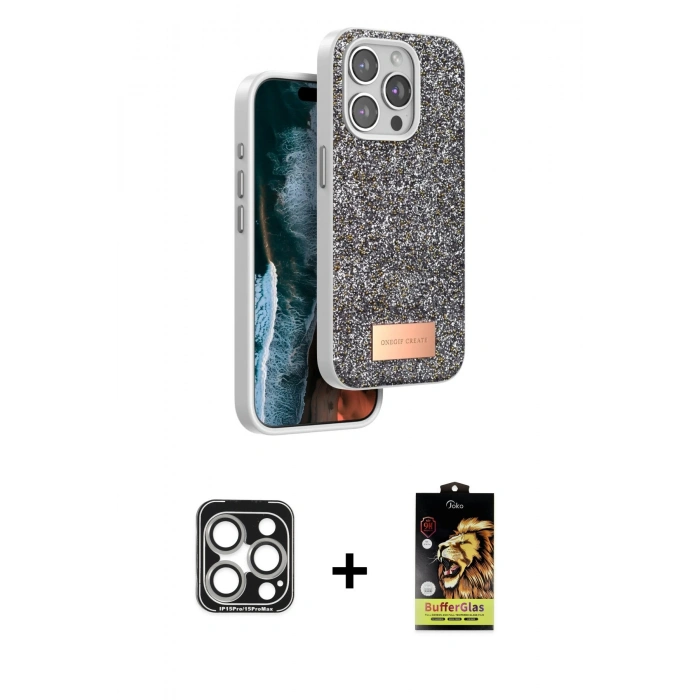 MARSİLYAN™- iPhone 15 Pro Max Kılıf Vadi Klasik Serisi - Siyah Buffer Cam Ekran Koruyucu + PVD Metal Kamera Lens - GS