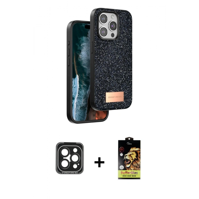 MARSİLYAN™- iPhone 15 Pro Max Kılıf Vadi Klasik Serisi - Siyah Buffer Cam Ekran Koruyucu + PVD Metal Kamera Lens - SH