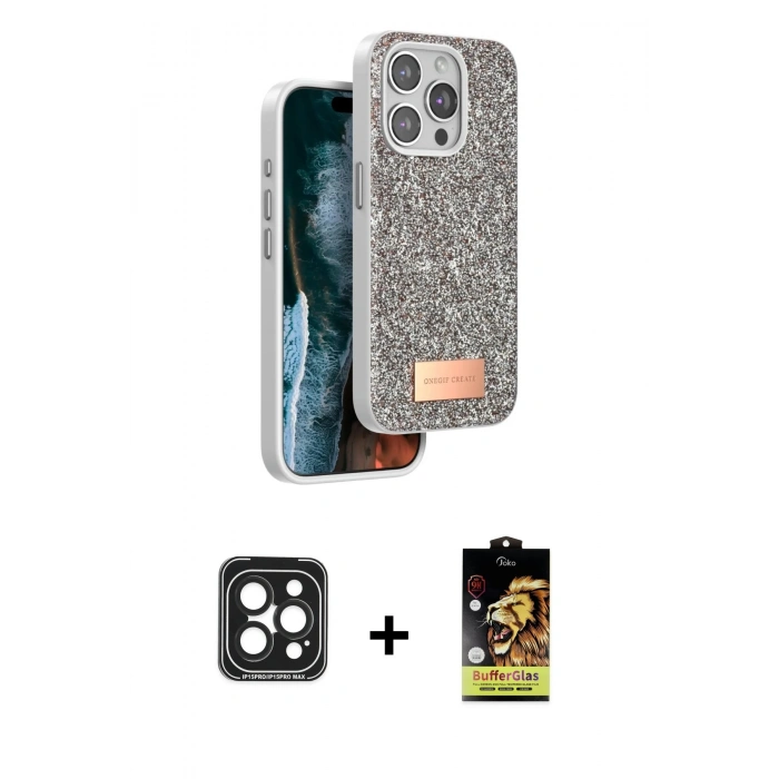 MARSİLYAN™- iPhone 15 Pro Max Kılıf Vadi Klasik Serisi - Siyah Buffer Cam Ekran Koruyucu + PVD Metal Kamera Lens - SH