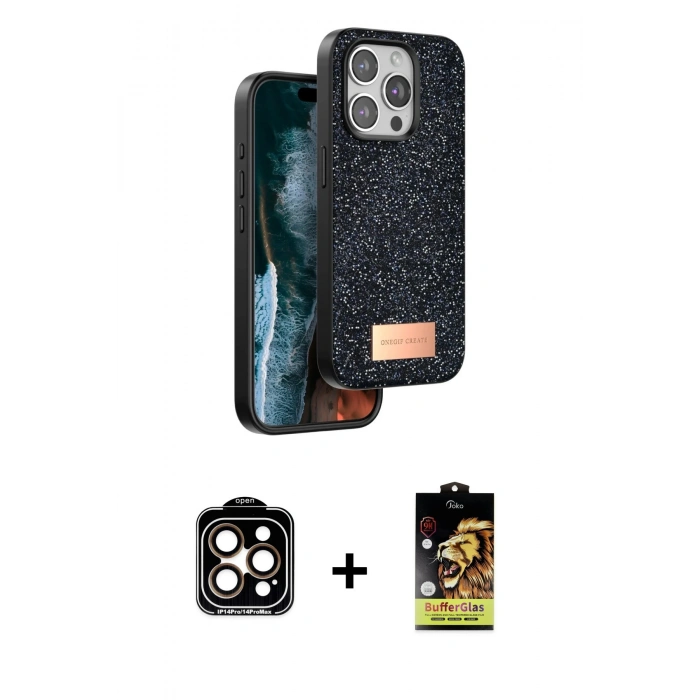 MARSİLYAN™- iPhone 15 Pro Max Kılıf Vadi Klasik Serisi - Siyah Buffer Cam Ekran Koruyucu + PVD Metal Kamera Lens - TU