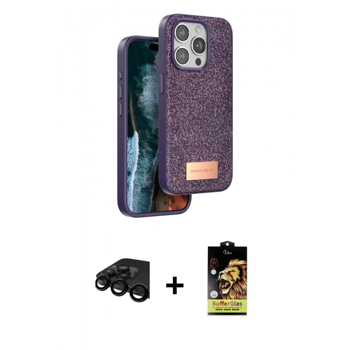 MARSİLYAN™- iPhone 15 Pro Max Kılıf Vadi Klasik Serisi - Siyah Buffer Cam Ekran Koruyucu + Raze Metal Kamera Lens - SH