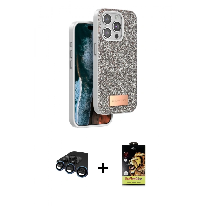 MARSİLYAN™- iPhone 15 Pro Max Kılıf Vadi Klasik Serisi - Siyah Buffer Cam Ekran Koruyucu + Raze Metal Kamera Lens - LT