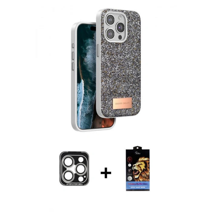 MARSİLYAN™- iPhone 15 Pro Max Kılıf Vadi Klasik Serisi - Siyah Buffer Hayalet Cam Ekran Koruyucu + PVD Metal Kamera Lens - GS