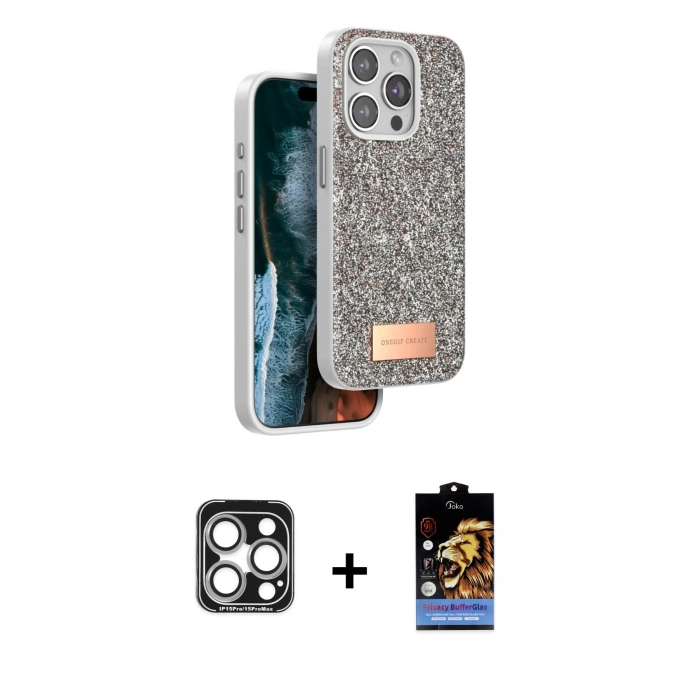 MARSİLYAN™- iPhone 15 Pro Max Kılıf Vadi Klasik Serisi - Siyah Buffer Hayalet Cam Ekran Koruyucu + PVD Metal Kamera Lens - GS