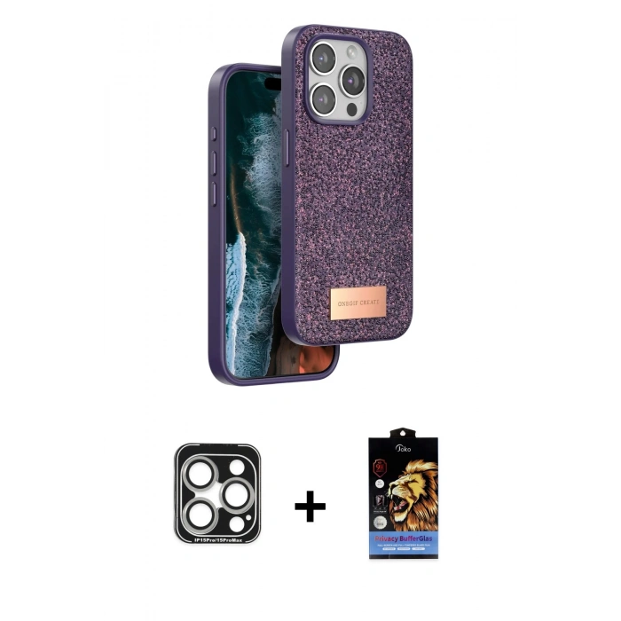 MARSİLYAN™- iPhone 15 Pro Max Kılıf Vadi Klasik Serisi - Siyah Buffer Hayalet Cam Ekran Koruyucu + PVD Metal Kamera Lens - GS