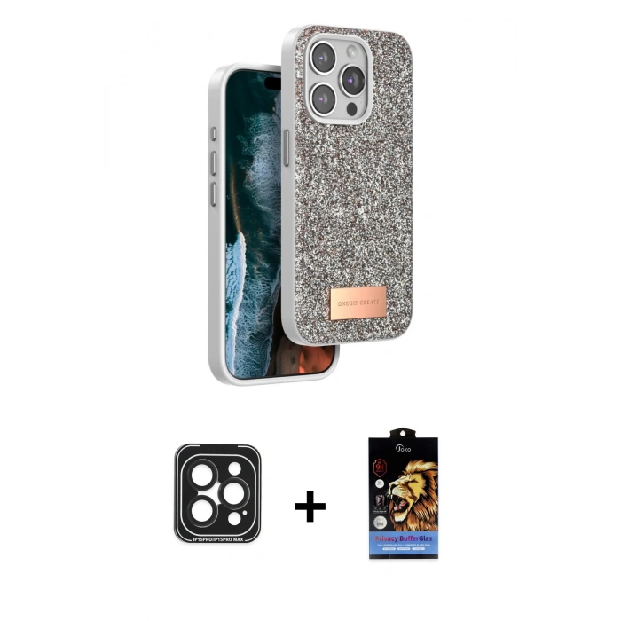 MARSİLYAN™- iPhone 15 Pro Max Kılıf Vadi Klasik Serisi - Siyah Buffer Hayalet Cam Ekran Koruyucu + PVD Metal Kamera Lens - SH