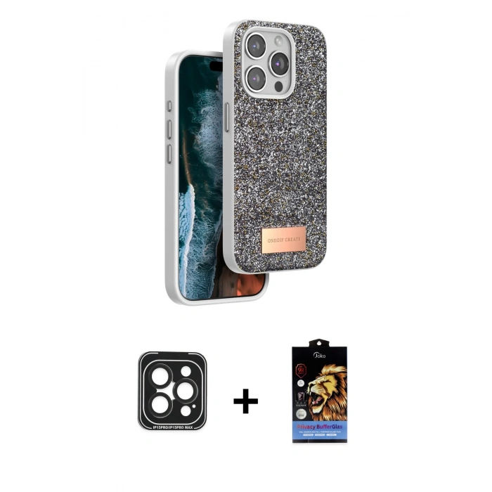 MARSİLYAN™- iPhone 15 Pro Max Kılıf Vadi Klasik Serisi - Siyah Buffer Hayalet Cam Ekran Koruyucu + PVD Metal Kamera Lens - SH