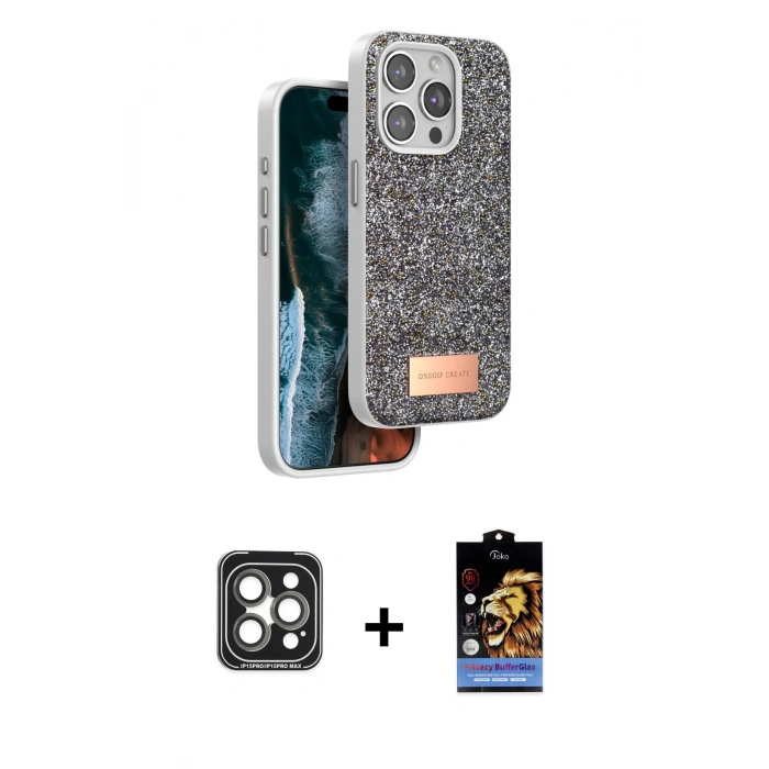 MARSİLYAN™- iPhone 15 Pro Max Kılıf Vadi Klasik Serisi - Siyah Buffer Hayalet Cam Ekran Koruyucu + PVD Metal Kamera Lens - GI