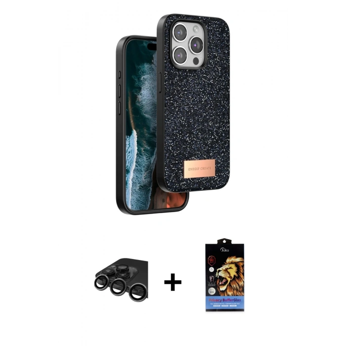 MARSİLYAN™- iPhone 15 Pro Max Kılıf Vadi Klasik Serisi - Siyah Buffer Hayalet Cam Ekran Koruyucu + Raze Metal Kamera Lens - TMGI