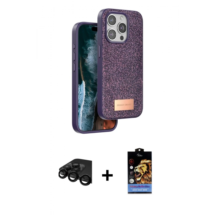 MARSİLYAN™- iPhone 15 Pro Max Kılıf Vadi Klasik Serisi - Siyah Buffer Hayalet Cam Ekran Koruyucu + Raze Metal Kamera Lens - SH