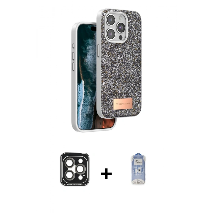 MARSİLYAN™- iPhone 15 Pro Max Kılıf Vadi Klasik Serisi - Siyah Joko Magic 5D Cam + PVD Metal Kamera Lens - GI