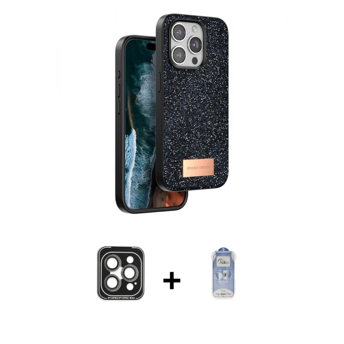 MARSİLYAN™- iPhone 15 Pro Max Kılıf Vadi Klasik Serisi - Siyah Joko Magic 5D Cam + PVD Metal Kamera Lens - GI