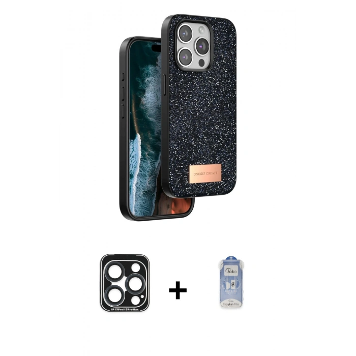 MARSİLYAN™- iPhone 15 Pro Max Kılıf Vadi Klasik Serisi - Siyah Joko Magic 5D Cam + PVD Metal Kamera Lens - LT