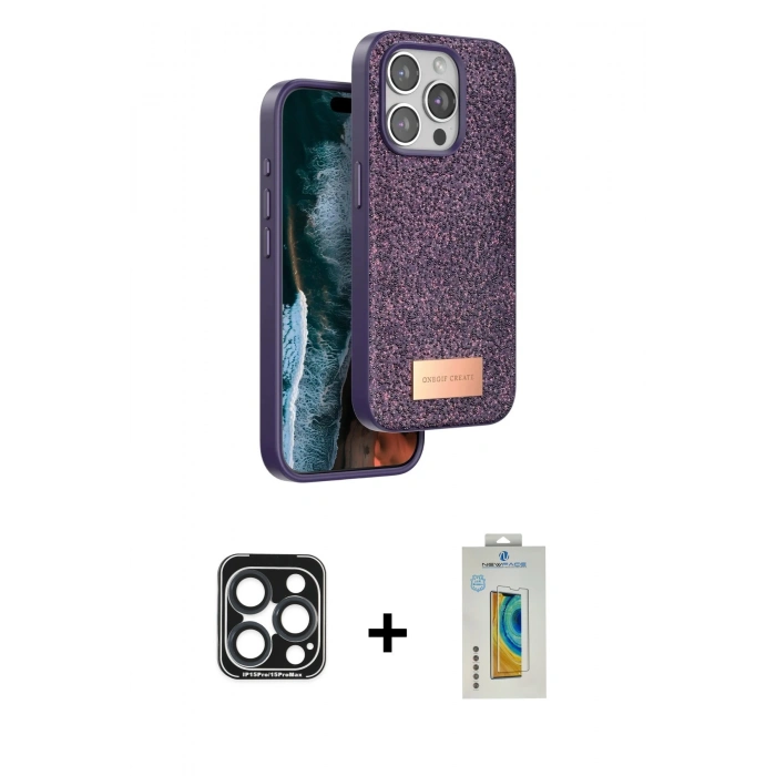 MARSİLYAN™- iPhone 15 Pro Max Kılıf Vadi Klasik Serisi - Siyah Polymer Nano Ekran Koruyucu + PVD Metal Kamera Lens - LT