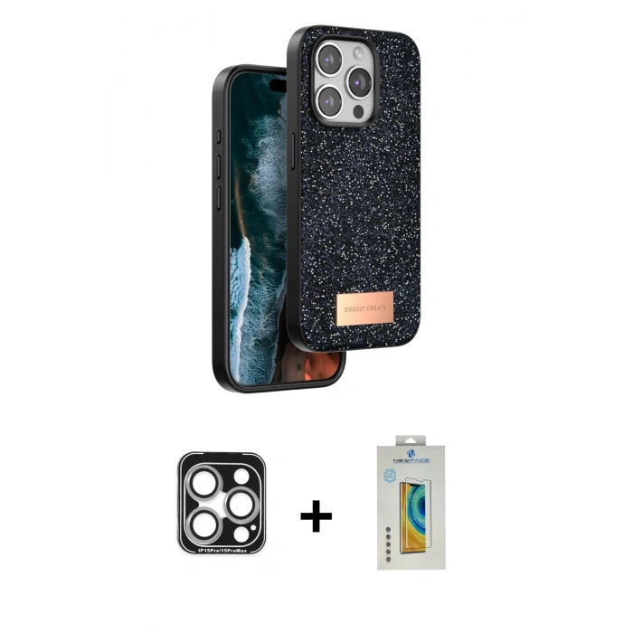 MARSİLYAN™- iPhone 15 Pro Max Kılıf Vadi Klasik Serisi - Siyah Polymer Nano Ekran Koruyucu + PVD Metal Kamera Lens - GS