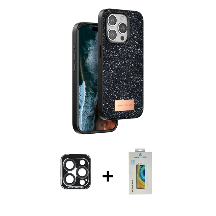 MARSİLYAN™- iPhone 15 Pro Max Kılıf Vadi Klasik Serisi - Siyah Polymer Nano Ekran Koruyucu + PVD Metal Kamera Lens - LT