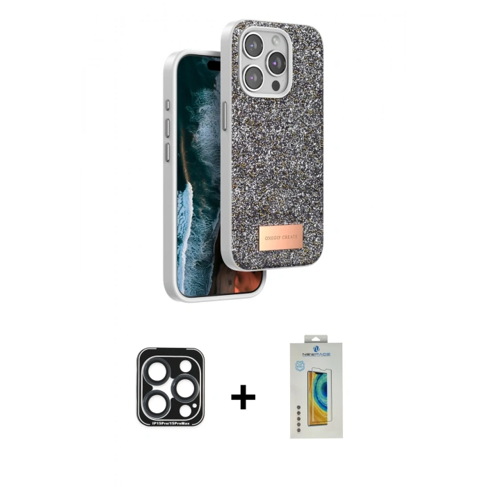 MARSİLYAN™- iPhone 15 Pro Max Kılıf Vadi Klasik Serisi - Siyah Polymer Nano Ekran Koruyucu + PVD Metal Kamera Lens - LT