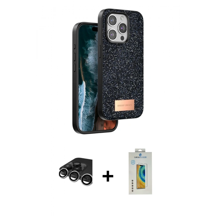 MARSİLYAN™- iPhone 15 Pro Max Kılıf Vadi Klasik Serisi - Siyah Polymer Nano Ekran Koruyucu + Raze Metal Kamera Lens - GS