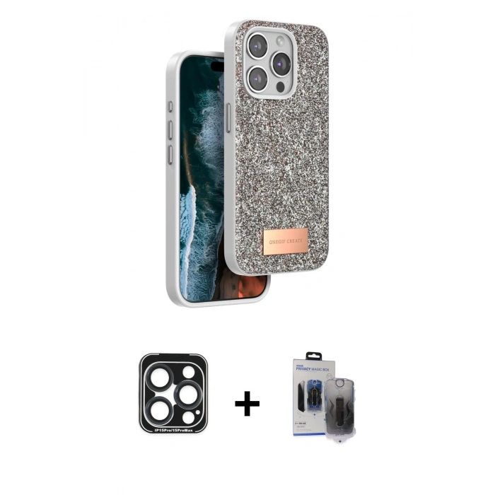 MARSİLYAN™- iPhone 15 Pro Max Kılıf Vadi Klasik Serisi - Siyah Vanessa Magic Hayalet Cam + PVD Metal Kamera Lens - LT