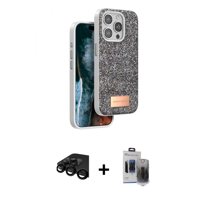 MARSİLYAN™- iPhone 15 Pro Max Kılıf Vadi Klasik Serisi - Siyah Vanessa Magic Hayalet Cam + Raze Metal Kamera Lens - SH