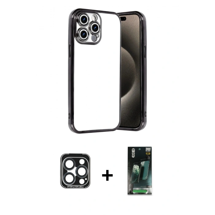 MARSİLYAN™- iPhone 15 Pro Max Kılıf Vadi Minimal - Şeffaf 360 Full Body Arka Koruyucu + PVD Metal Kamera Lens - LT