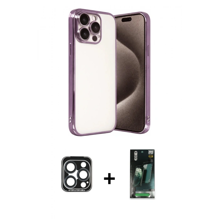 MARSİLYAN™- iPhone 15 Pro Max Kılıf Vadi Minimal - Şeffaf 360 Full Body Arka Koruyucu + PVD Metal Kamera Lens - LT
