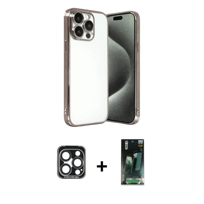 MARSİLYAN™- iPhone 15 Pro Max Kılıf Vadi Minimal - Şeffaf 360 Full Body Arka Koruyucu + PVD Metal Kamera Lens - LT