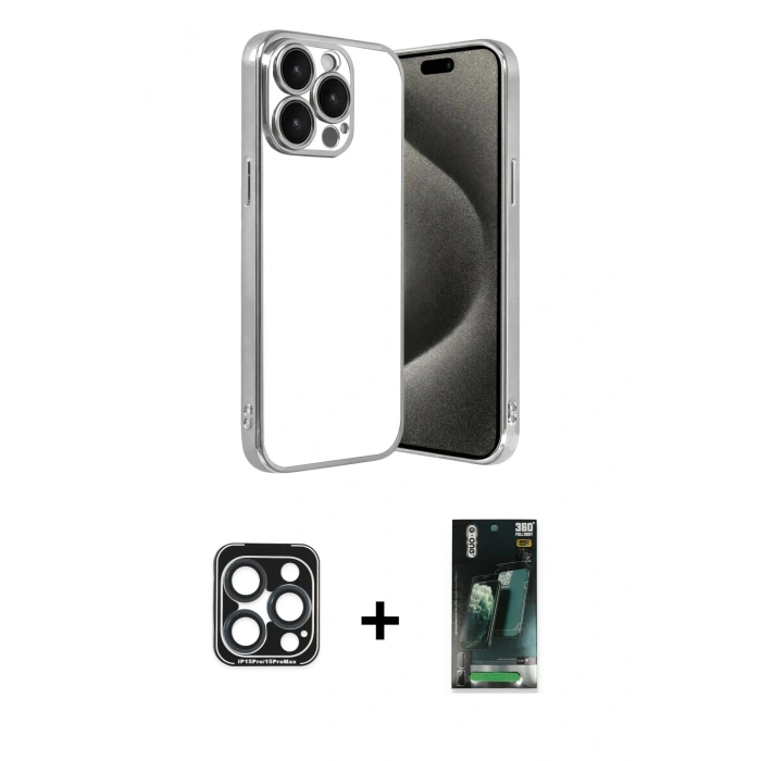 MARSİLYAN™- iPhone 15 Pro Max Kılıf Vadi Minimal - Şeffaf 360 Full Body Arka Koruyucu + PVD Metal Kamera Lens - LT